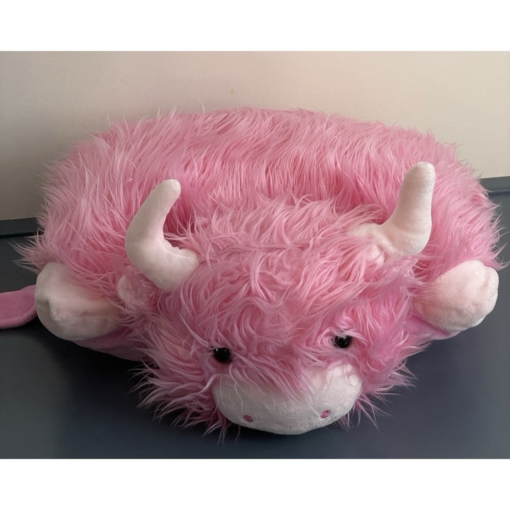Pillow Pets Pink Highland Cow Barb Plush 18" Animal Foldable Stuffed Fluffy